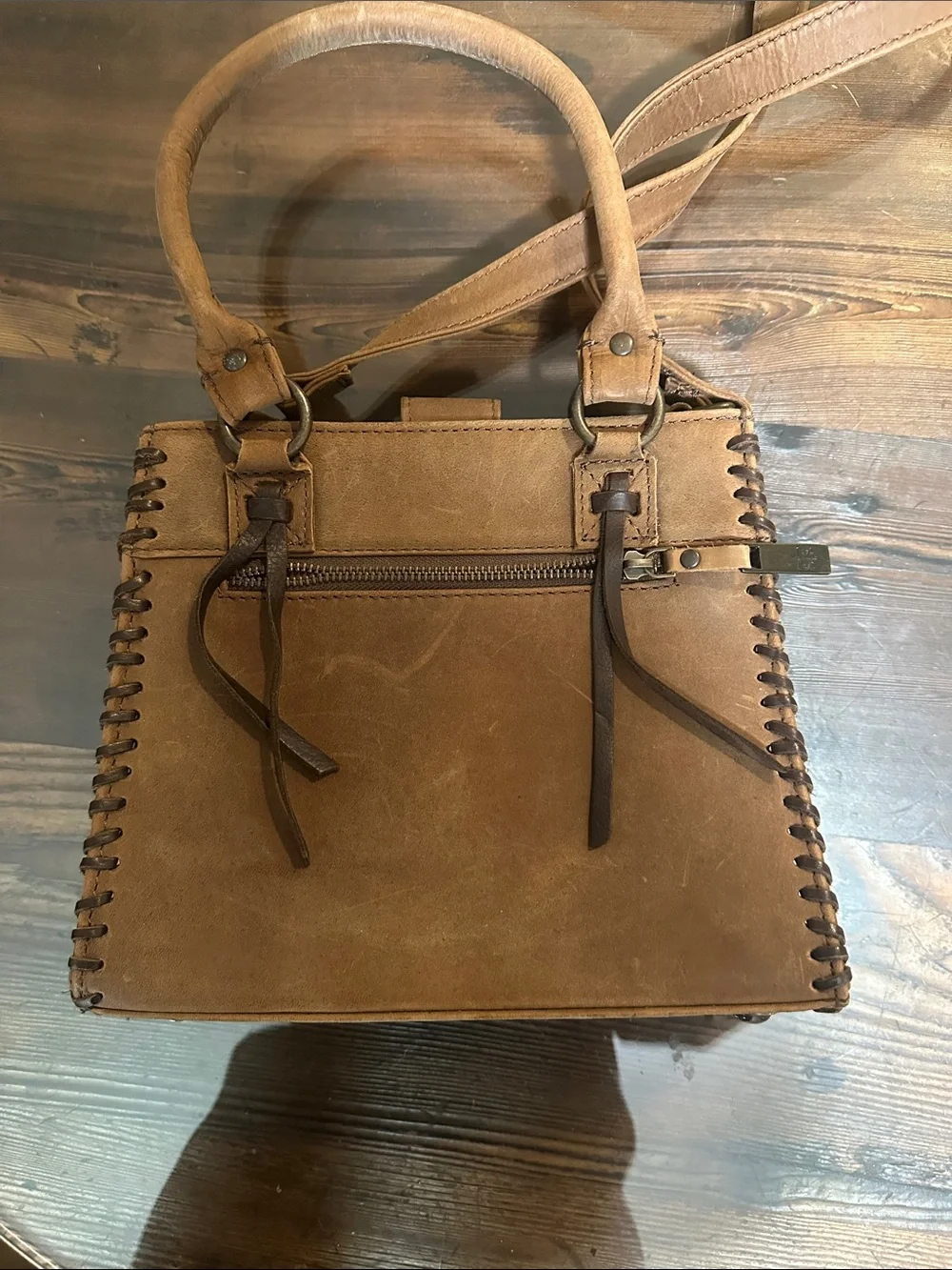STS Brown Leather Satchel with Leopard Accent